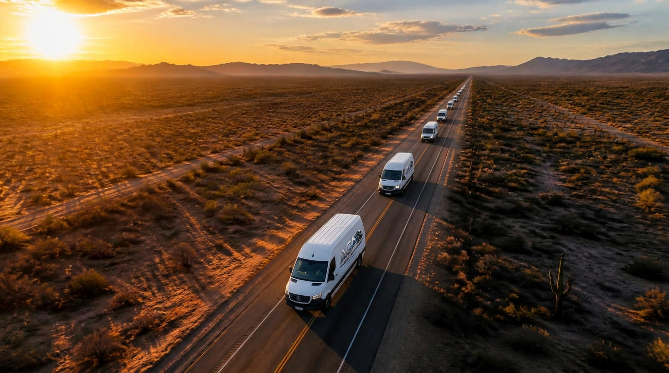 Cargo van driving across a long highway toward mountains