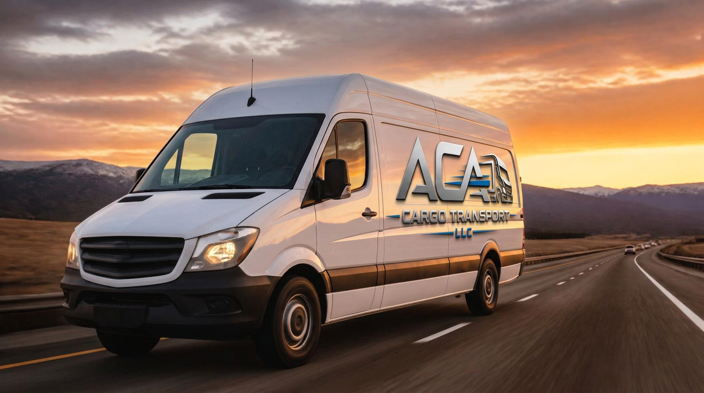 Cargo trucks and delivery vans on the highway at dusk